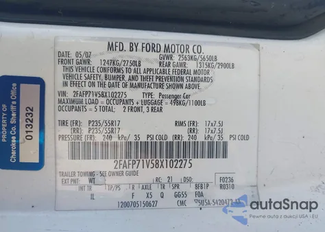 2008 Ford Crown Victoria Police/Police Interceptor z USA, uszkodzony, nr VIN 2FAFP71V58X102275